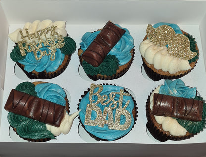 A selection of cupcakes for fathers day. Topped with his favourite chocolate bar, kinder bueno. He was one happy father that day!