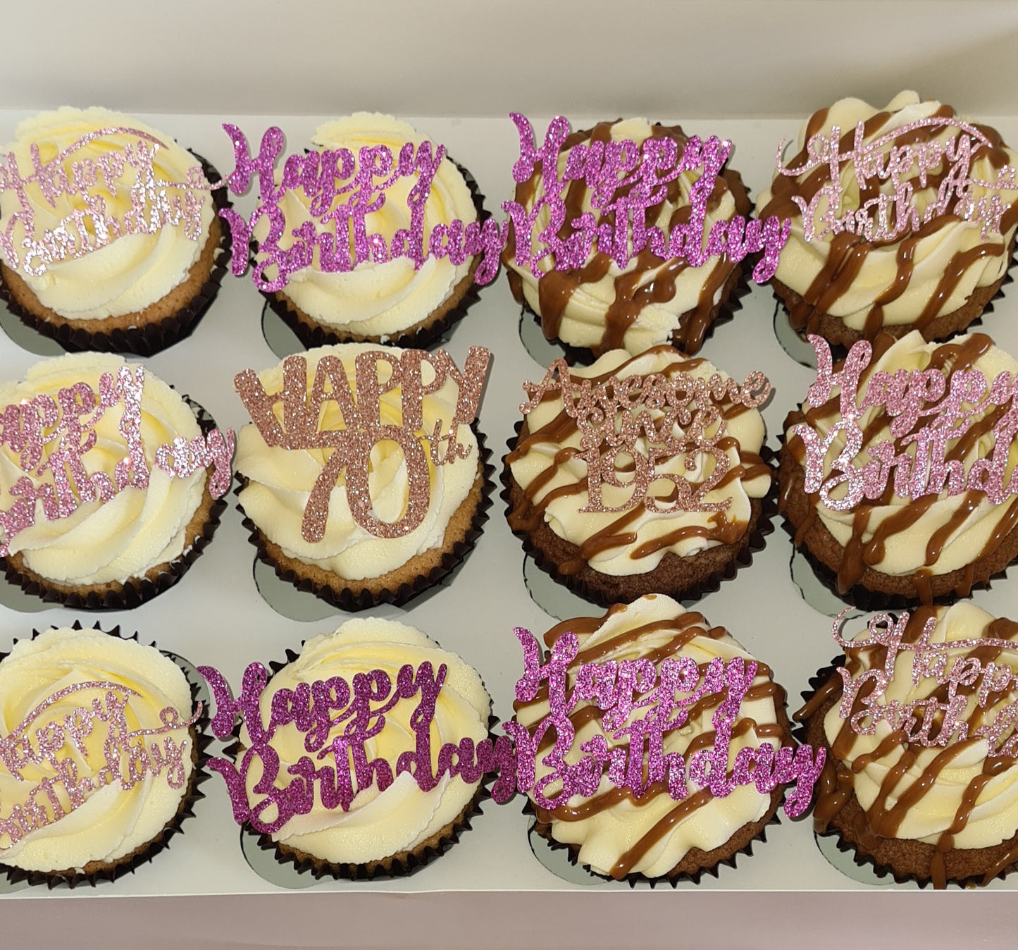 Happy birthday cupcakes for a very lucky 70th party!